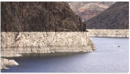 A bathtub ring marks the high-water line on Nevada's Lake Mead, which is on the Colorado River, in 2013.
