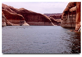 Lake Powell on April 12, 2017. The white bathtub ring at the cliff base indicates how much higher the lake reached at its peak, nearly 100 feet above the current level. 